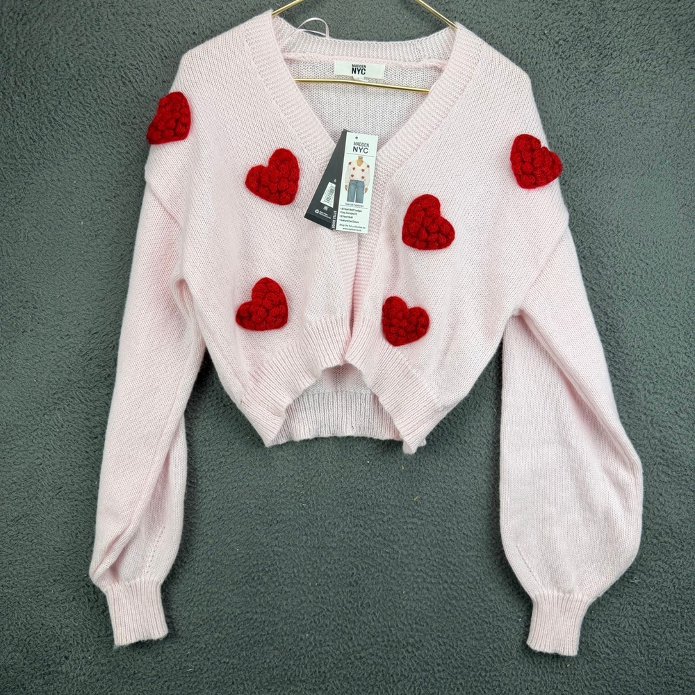 Madden NYC Women Primrose Cropped Pink 3D Heart Motif Cardigan XS NS518B